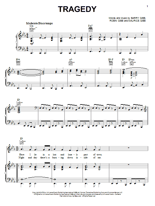 Learn to play Bee Gees Tragedy sheet music for Piano, Vocal & Guitar (Right-Hand Melody) in minutes. Bee Gees Tragedy sheet music notes and chords. Download Printable PDF.