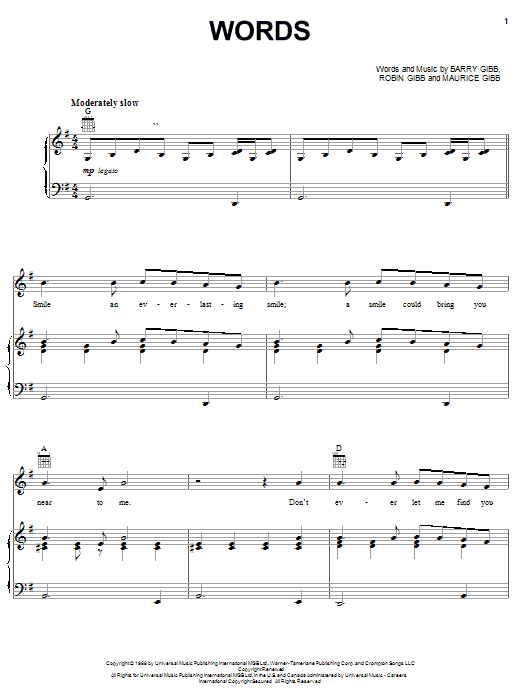 Learn to play Bee Gees Words sheet music for Piano, Vocal & Guitar (Right-Hand Melody) in minutes. Bee Gees Words sheet music notes and chords. Download Printable PDF.