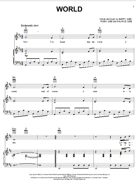 Learn to play Bee Gees World sheet music for Piano, Vocal & Guitar (Right-Hand Melody) in minutes. Bee Gees World sheet music notes and chords. Download Printable PDF.