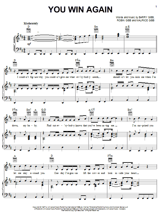 Learn to play Bee Gees You Win Again sheet music for Piano, Vocal & Guitar (Right-Hand Melody) in minutes. Bee Gees You Win Again sheet music notes and chords. Download Printable PDF.
