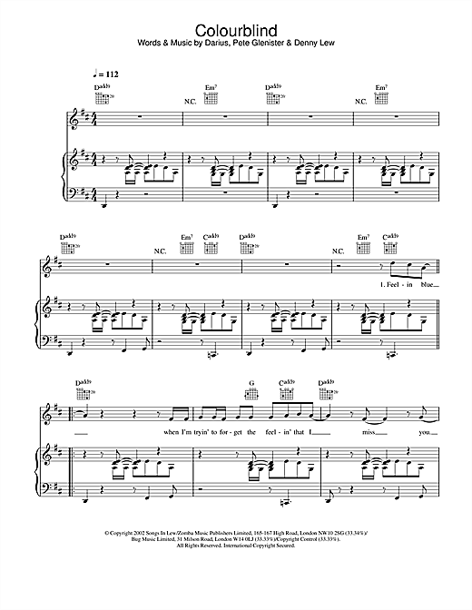 Learn to play Darius Colourblind sheet music for Piano, Vocal & Guitar in minutes. Darius Colourblind sheet music notes and chords. Download Printable PDF.