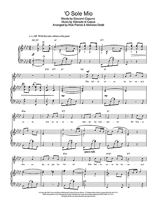 Learn to play Russell Watson O Sole Mio sheet music for Piano, Vocal & Guitar in minutes. Russell Watson O Sole Mio sheet music notes and chords. Download Printable PDF.