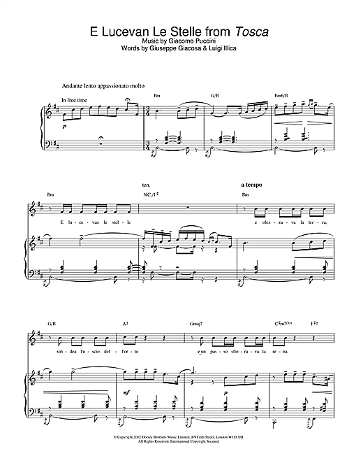 Learn to play Russell Watson E Lucevan Le Stelle (from Tosca) sheet music for Piano, Vocal & Guitar (Right-Hand Melody) in minutes. Russell Watson E Lucevan Le Stelle (from Tosca) sheet music notes and chords. Download Printable PDF.