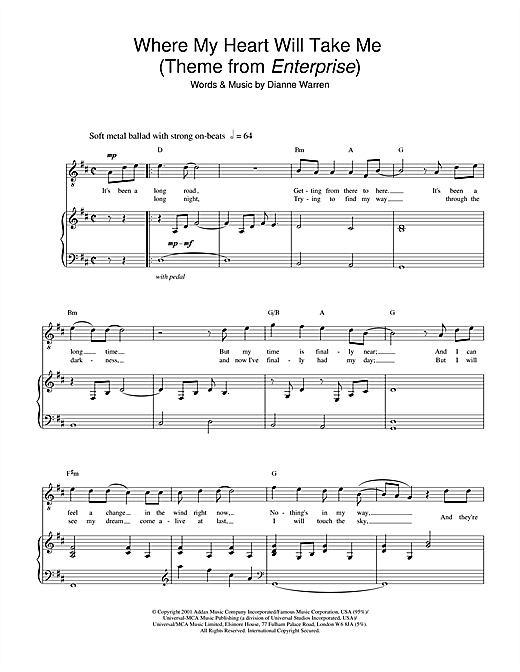Learn to play Russell Watson Where My Heart Will Take Me (theme from Star Trek: Enterprise) sheet music for Piano, Vocal & Guitar in minutes. Russell Watson Where My Heart Will Take Me (theme from Star Trek: Enterprise) sheet music notes and chords. Download Printable PDF.