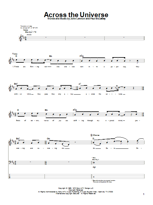 Learn to play The Beatles Across The Universe sheet music for Bass Guitar Tab in minutes. The Beatles Across The Universe sheet music notes and chords. Download Printable PDF.
