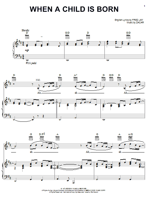 Learn to play Fred Jay When A Child Is Born sheet music for Piano, Vocal & Guitar (Right-Hand Melody) in minutes. Fred Jay When A Child Is Born sheet music notes and chords. Download Printable PDF.