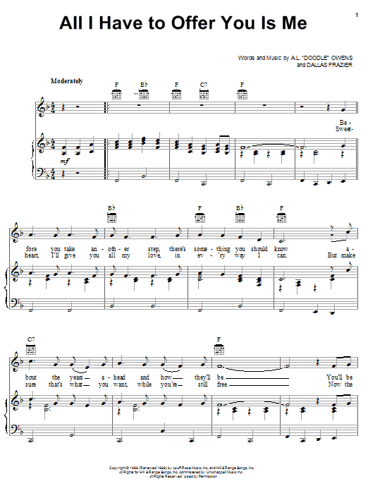 Learn to play Charley Pride All I Have To Offer You Is Me sheet music for Piano, Vocal & Guitar (Right-Hand Melody) in minutes. Charley Pride All I Have To Offer You Is Me sheet music notes and chords. Download Printable PDF.