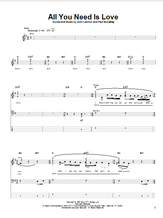 Learn to play The Beatles All You Need Is Love sheet music for Bass Guitar Tab in minutes. The Beatles All You Need Is Love sheet music notes and chords. Download Printable PDF.