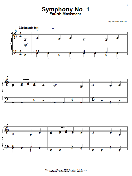Learn to play Johannes Brahms Symphony No. 1 in C Minor, Fourth Movement Excerpt sheet music for Easy Piano in minutes. Johannes Brahms Symphony No. 1 in C Minor, Fourth Movement Excerpt sheet music notes and chords. Download Printable PDF.