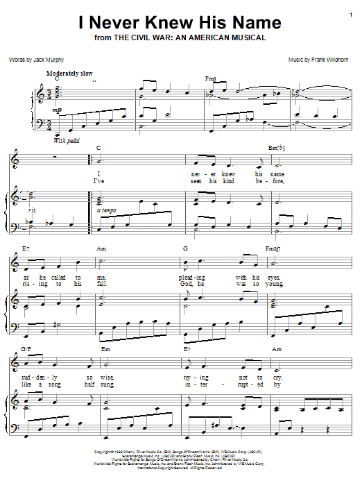 Learn to play Frank Wildhorn I Never Knew His Name sheet music for Piano, Vocal & Guitar (Right-Hand Melody) in minutes. Frank Wildhorn I Never Knew His Name sheet music notes and chords. Download Printable PDF.