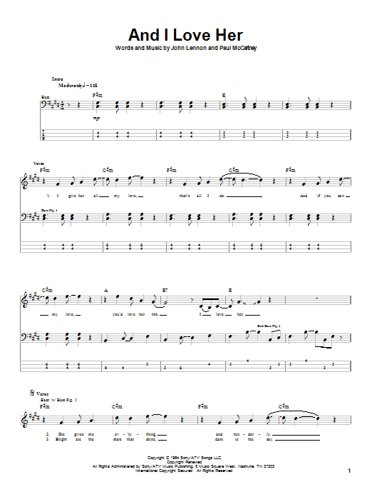 Learn to play The Beatles And I Love Her sheet music for Bass Guitar Tab in minutes. The Beatles And I Love Her sheet music notes and chords. Download Printable PDF.