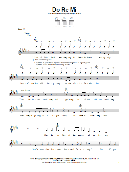 Learn to play Woody Guthrie Do Re Mi sheet music for Easy Guitar in minutes. Woody Guthrie Do Re Mi sheet music notes and chords. Download Printable PDF.