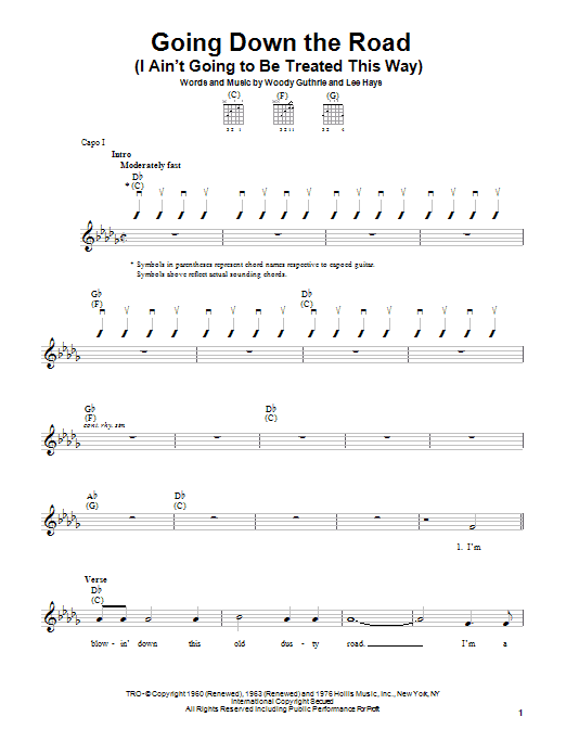 Learn to play Woody Guthrie Going Down The Road (I Ain't Going To Be Treated This Way) sheet music for Easy Guitar in minutes. Woody Guthrie Going Down The Road (I Ain't Going To Be Treated This Way) sheet music notes and chords. Download Printable PDF.