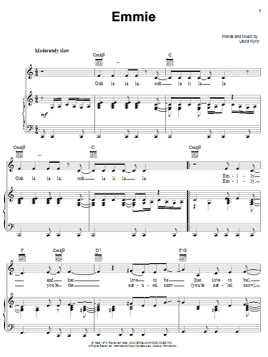 Learn to play Laura Nyro Emmie sheet music for Piano, Vocal & Guitar (Right-Hand Melody) in minutes. Laura Nyro Emmie sheet music notes and chords. Download Printable PDF.