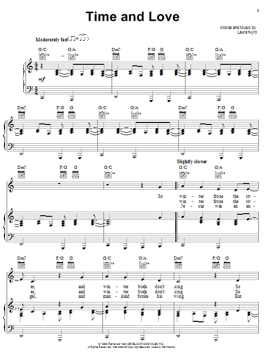 Learn to play Laura Nyro Time And Love sheet music for Piano, Vocal & Guitar (Right-Hand Melody) in minutes. Laura Nyro Time And Love sheet music notes and chords. Download Printable PDF.