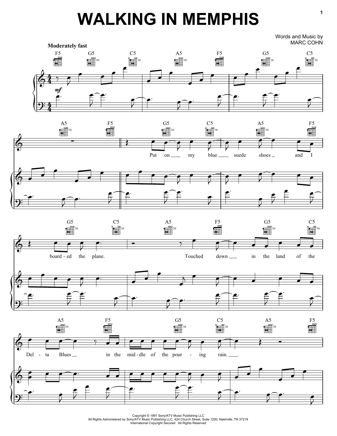 Learn to play Marc Cohn Walking In Memphis sheet music for Piano, Vocal & Guitar (Right-Hand Melody) in minutes. Marc Cohn Walking In Memphis sheet music notes and chords. Download Printable PDF.