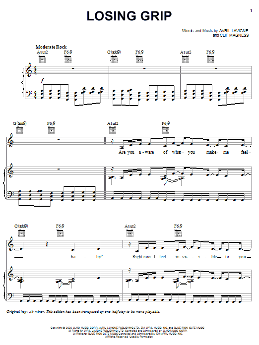 Learn to play Avril Lavigne Losing Grip sheet music for Piano, Vocal & Guitar (Right-Hand Melody) in minutes. Avril Lavigne Losing Grip sheet music notes and chords. Download Printable PDF.