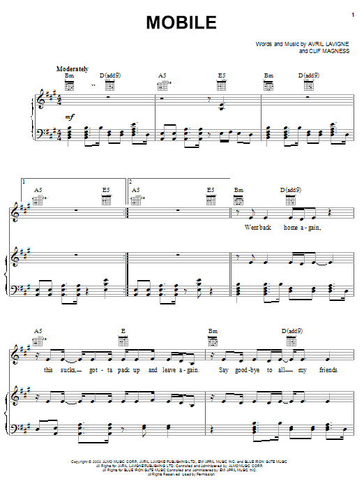 Learn to play Avril Lavigne Mobile sheet music for Piano, Vocal & Guitar (Right-Hand Melody) in minutes. Avril Lavigne Mobile sheet music notes and chords. Download Printable PDF.