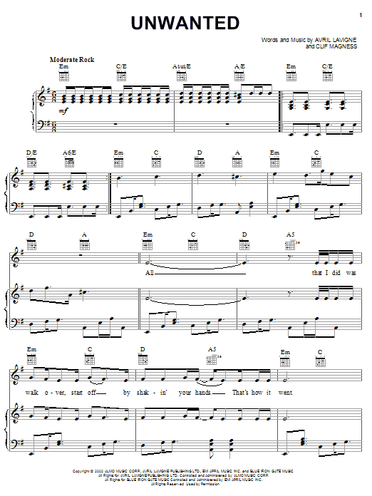 Learn to play Avril Lavigne Unwanted sheet music for Piano, Vocal & Guitar (Right-Hand Melody) in minutes. Avril Lavigne Unwanted sheet music notes and chords. Download Printable PDF.
