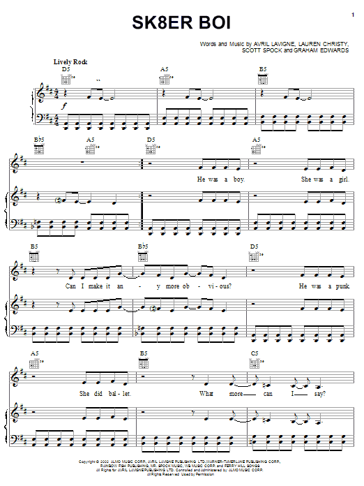 Learn to play Avril Lavigne Sk8er Boi sheet music for Piano, Vocal & Guitar (Right-Hand Melody) in minutes. Avril Lavigne Sk8er Boi sheet music notes and chords. Download Printable PDF.