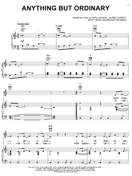 Learn to play Avril Lavigne Anything But Ordinary sheet music for Piano, Vocal & Guitar (Right-Hand Melody) in minutes. Avril Lavigne Anything But Ordinary sheet music notes and chords. Download Printable PDF.