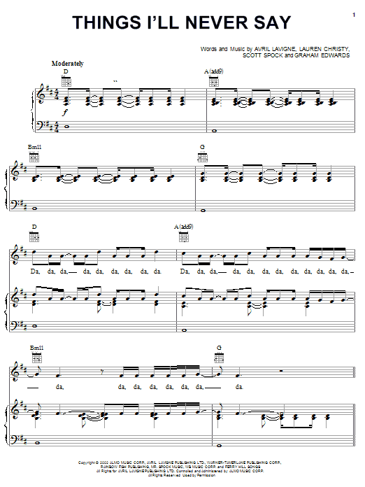 Learn to play Avril Lavigne Things I'll Never Say sheet music for Piano, Vocal & Guitar (Right-Hand Melody) in minutes. Avril Lavigne Things I'll Never Say sheet music notes and chords. Download Printable PDF.
