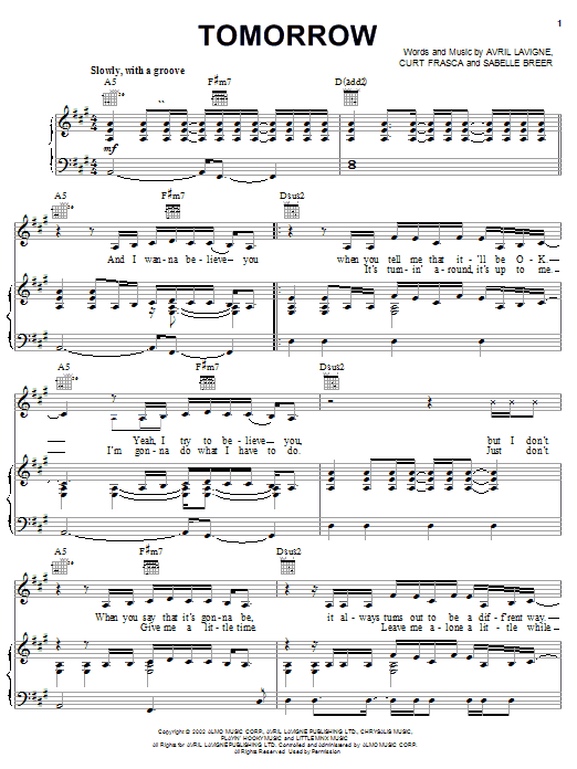 Learn to play Avril Lavigne Tomorrow sheet music for Piano, Vocal & Guitar (Right-Hand Melody) in minutes. Avril Lavigne Tomorrow sheet music notes and chords. Download Printable PDF.