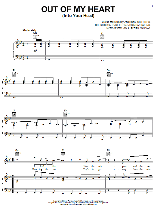 Learn to play BBMak Out Of My Heart (Into Your Head) sheet music for Piano, Vocal & Guitar (Right-Hand Melody) in minutes. BBMak Out Of My Heart (Into Your Head) sheet music notes and chords. Download Printable PDF.