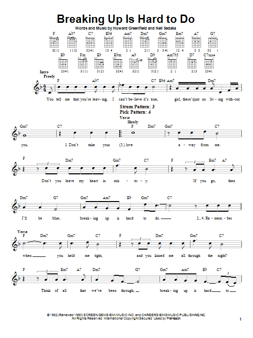 Learn to play Neil Sedaka Breaking Up Is Hard To Do sheet music for Easy Guitar in minutes. Neil Sedaka Breaking Up Is Hard To Do sheet music notes and chords. Download Printable PDF.