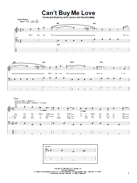 Learn to play The Beatles Can't Buy Me Love sheet music for Bass Guitar Tab in minutes. The Beatles Can't Buy Me Love sheet music notes and chords. Download Printable PDF.