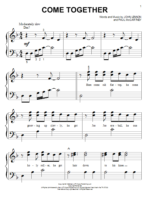Learn to play The Beatles Come Together sheet music for Piano (Big Notes) in minutes. The Beatles Come Together sheet music notes and chords. Download Printable PDF.