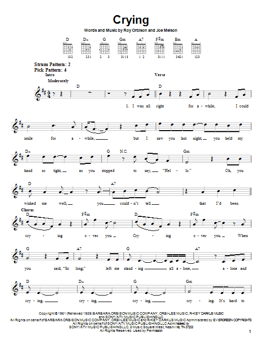 Learn to play Roy Orbison Crying sheet music for Easy Guitar in minutes. Roy Orbison Crying sheet music notes and chords. Download Printable PDF.