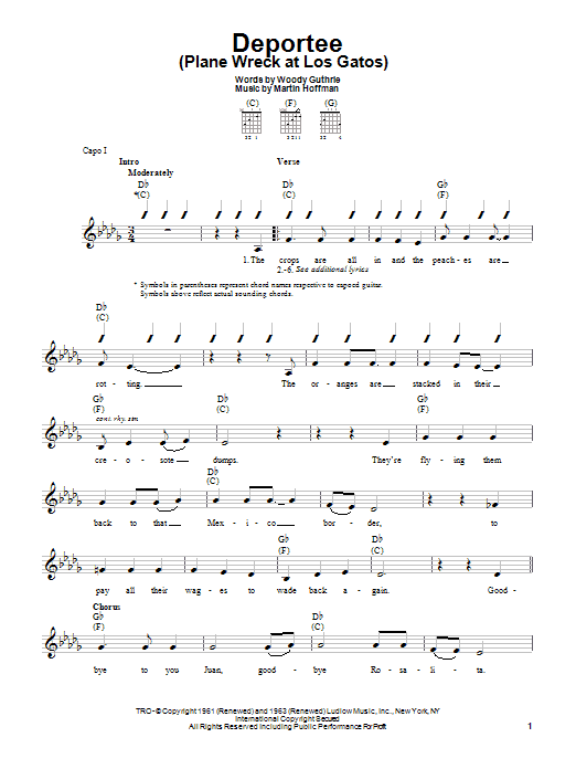 Learn to play Woody Guthrie Deportee (Plane Wreck At Los Gatos) sheet music for Easy Guitar in minutes. Woody Guthrie Deportee (Plane Wreck At Los Gatos) sheet music notes and chords. Download Printable PDF.