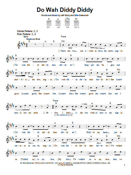 Learn to play Manfred Mann Do Wah Diddy Diddy sheet music for Easy Guitar in minutes. Manfred Mann Do Wah Diddy Diddy sheet music notes and chords. Download Printable PDF.