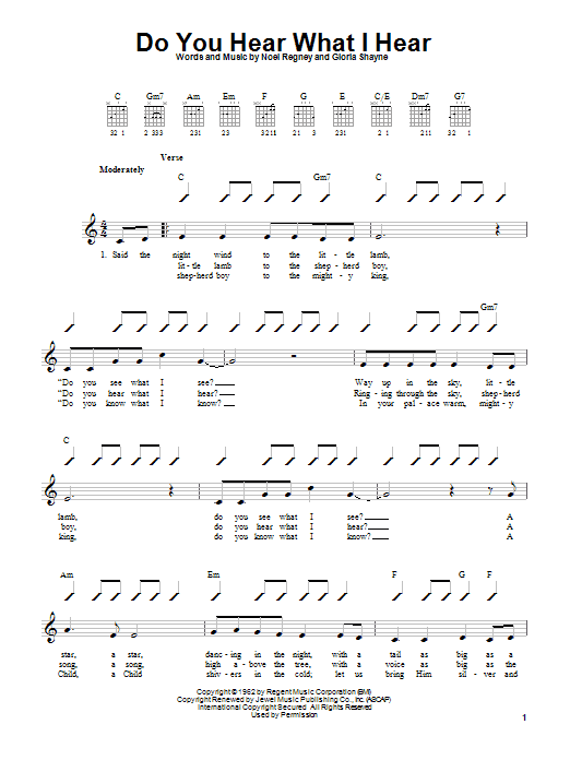 Learn to play Gloria Shayne Do You Hear What I Hear sheet music for Guitar with strumming patterns in minutes. Gloria Shayne Do You Hear What I Hear sheet music notes and chords. Download Printable PDF.