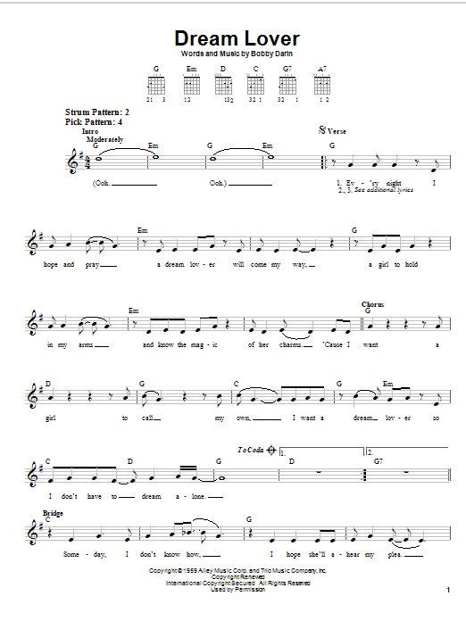 Learn to play Bobby Darin Dream Lover sheet music for Easy Guitar in minutes. Bobby Darin Dream Lover sheet music notes and chords. Download Printable PDF.
