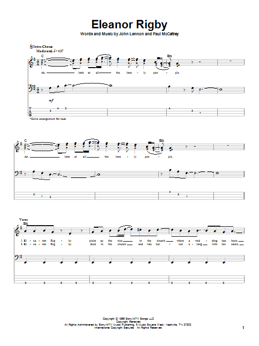 Learn to play The Beatles Eleanor Rigby sheet music for Bass Guitar Tab in minutes. The Beatles Eleanor Rigby sheet music notes and chords. Download Printable PDF.
