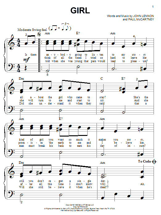 Learn to play The Beatles Girl sheet music for Piano (Big Notes) in minutes. The Beatles Girl sheet music notes and chords. Download Printable PDF.