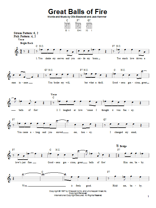 Learn to play Jerry Lee Lewis Great Balls Of Fire sheet music for Easy Guitar in minutes. Jerry Lee Lewis Great Balls Of Fire sheet music notes and chords. Download Printable PDF.