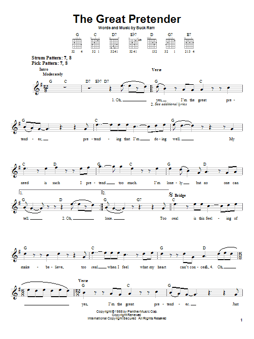 Learn to play The Platters The Great Pretender sheet music for Easy Guitar in minutes. The Platters The Great Pretender sheet music notes and chords. Download Printable PDF.