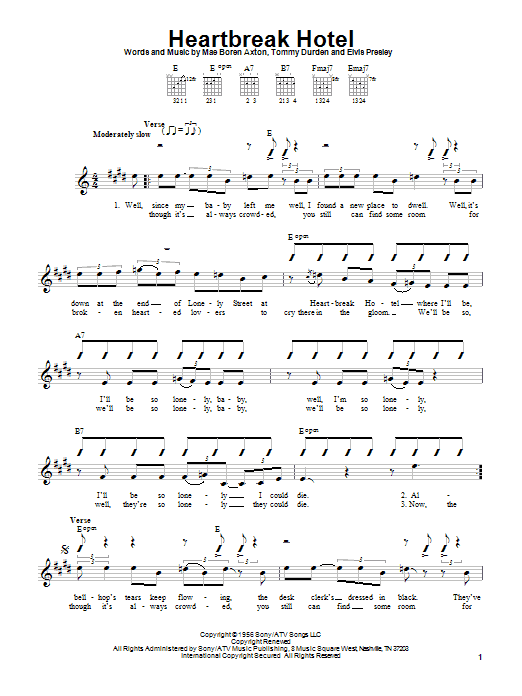Learn to play Elvis Presley Heartbreak Hotel sheet music for Easy Guitar in minutes. Elvis Presley Heartbreak Hotel sheet music notes and chords. Download Printable PDF.