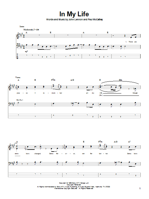 Learn to play The Beatles In My Life sheet music for Bass Guitar Tab in minutes. The Beatles In My Life sheet music notes and chords. Download Printable PDF.
