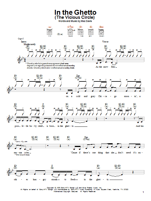 Learn to play Elvis Presley In The Ghetto (The Vicious Circle) sheet music for Guitar with strumming patterns in minutes. Elvis Presley In The Ghetto (The Vicious Circle) sheet music notes and chords. Download Printable PDF.