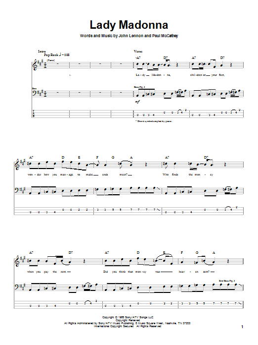 Learn to play The Beatles Lady Madonna sheet music for Bass Guitar Tab in minutes. The Beatles Lady Madonna sheet music notes and chords. Download Printable PDF.