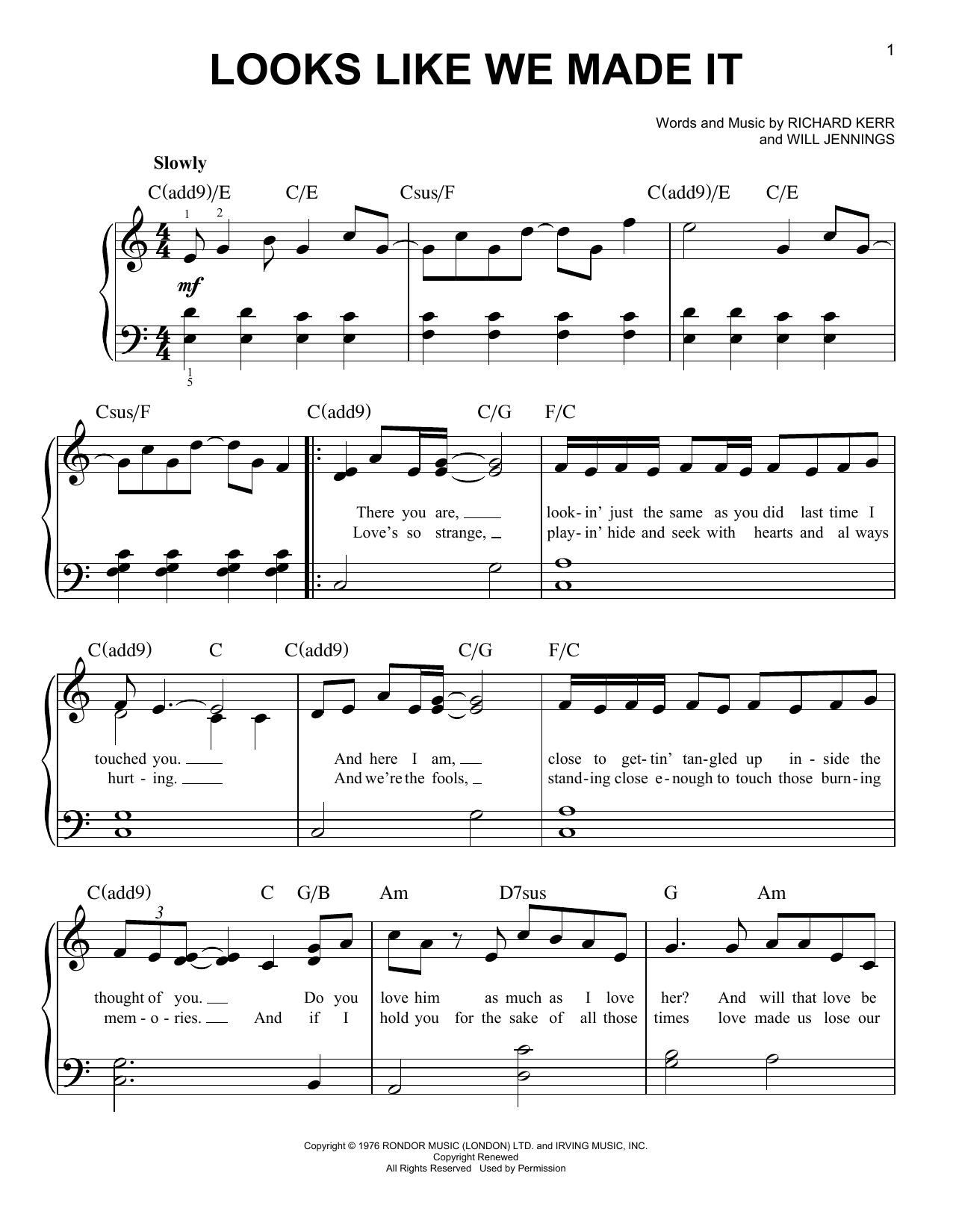 Learn to play Barry Manilow Looks Like We Made It sheet music for Easy Piano in minutes. Barry Manilow Looks Like We Made It sheet music notes and chords. Download Printable PDF.