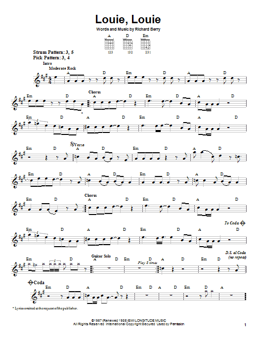 Learn to play The Kingsmen Louie, Louie sheet music for Easy Guitar in minutes. The Kingsmen Louie, Louie sheet music notes and chords. Download Printable PDF.