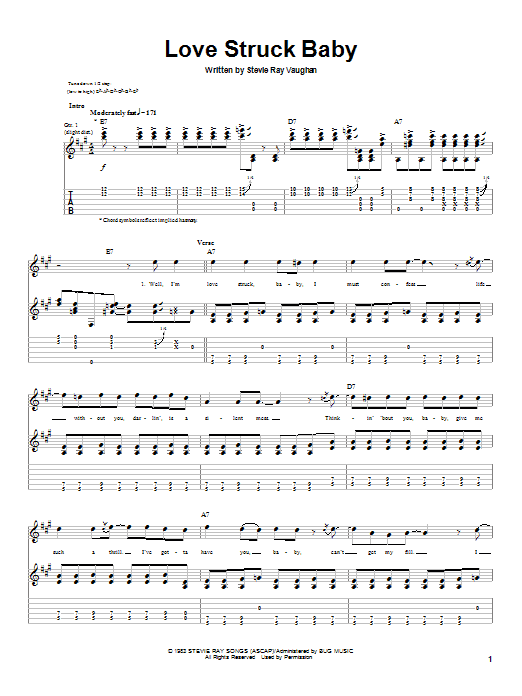 Learn to play Stevie Ray Vaughan Love Struck Baby sheet music for Guitar Tab in minutes. Stevie Ray Vaughan Love Struck Baby sheet music notes and chords. Download Printable PDF.