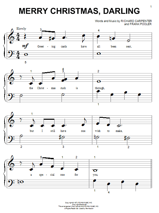 Learn to play Carpenters Merry Christmas, Darling sheet music for Piano (Big Notes) in minutes. Carpenters Merry Christmas, Darling sheet music notes and chords. Download Printable PDF.