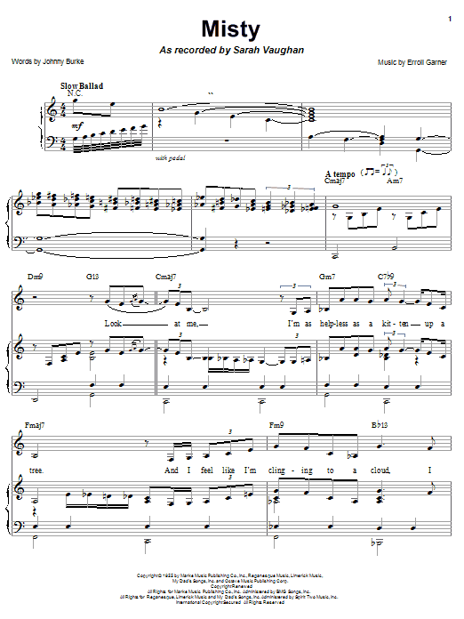 Learn to play Sarah Vaughan Misty sheet music for Piano, Vocal & Guitar (Right-Hand Melody) in minutes. Sarah Vaughan Misty sheet music notes and chords. Download Printable PDF.