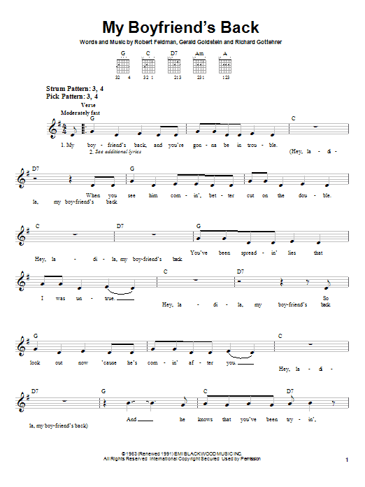 Learn to play Bobby Comstock My Boyfriend's Back sheet music for Easy Guitar in minutes. Bobby Comstock My Boyfriend's Back sheet music notes and chords. Download Printable PDF.